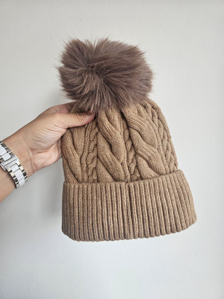 Pom Pom Cable Knit Beanie Hat