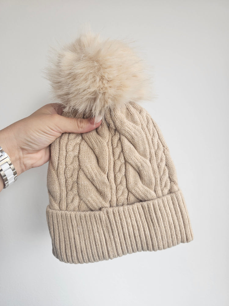 Pom Pom Cable Knit Beanie Hat