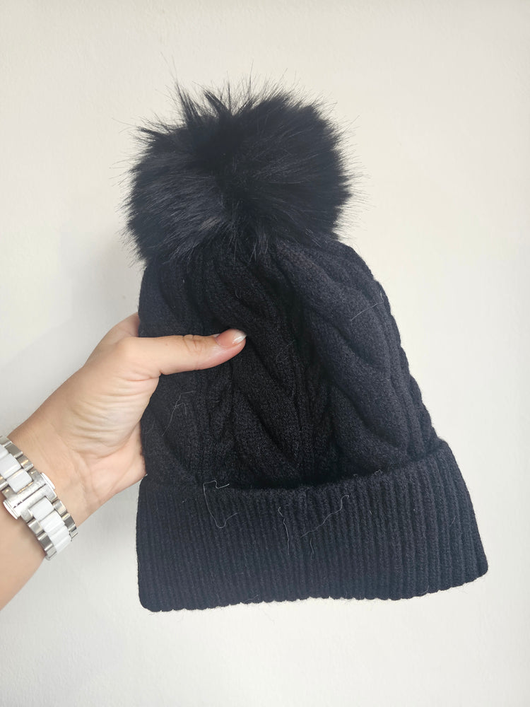 Pom Pom Cable Knit Beanie Hat