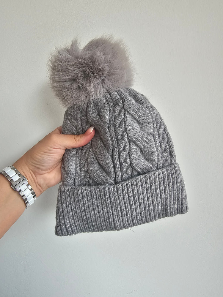 Pom Pom Cable Knit Beanie Hat