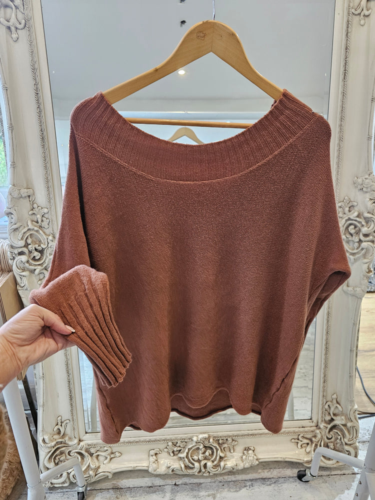 Brown off the shoulder knit jumper