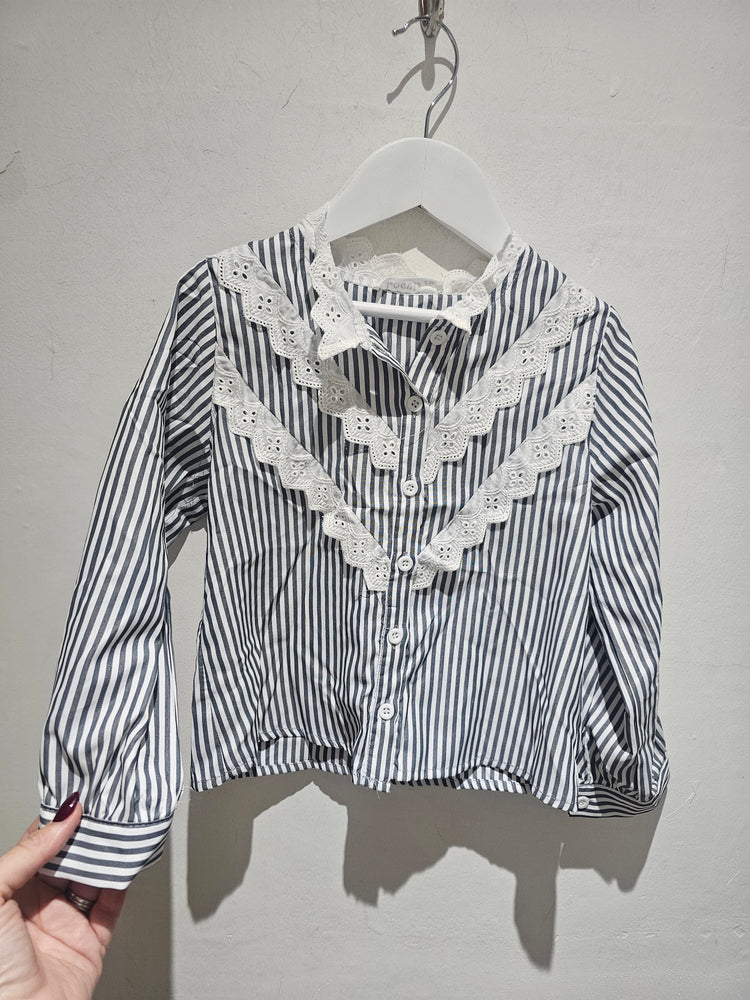 Girls stripe and lace detail shirt in grey