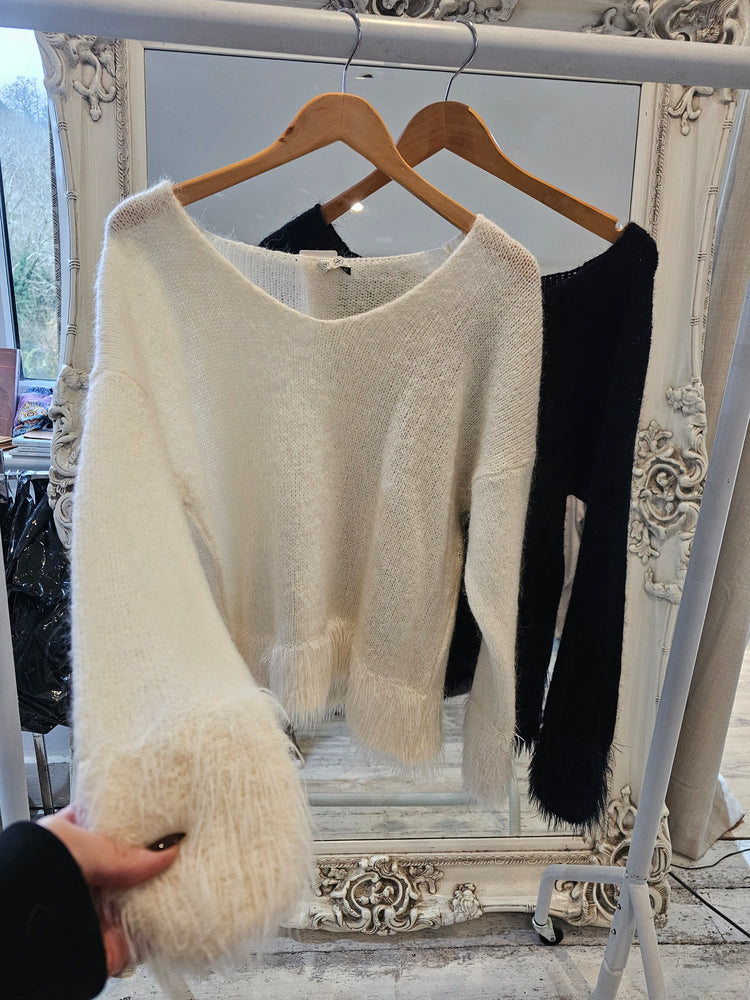 Faux Fur Trim Knitted Jumper in cream