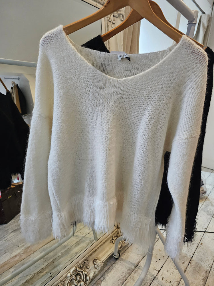 Faux Fur Trim Knitted Jumper in cream