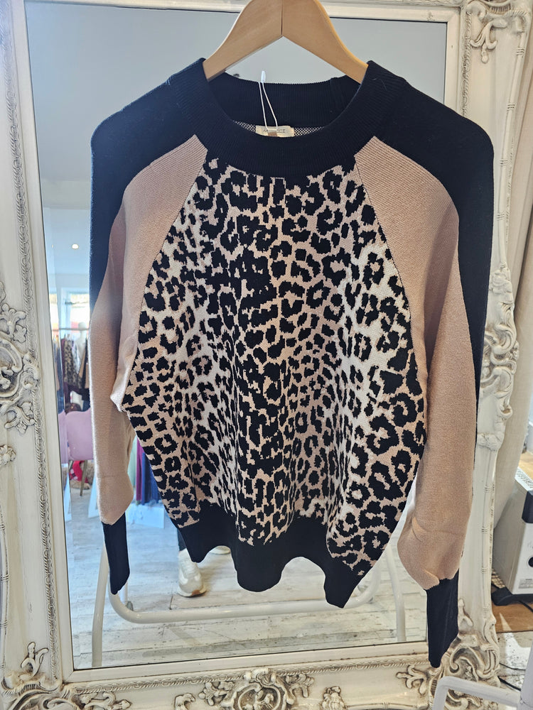 Leopard Print Raglan Sleeve Jumper in camel