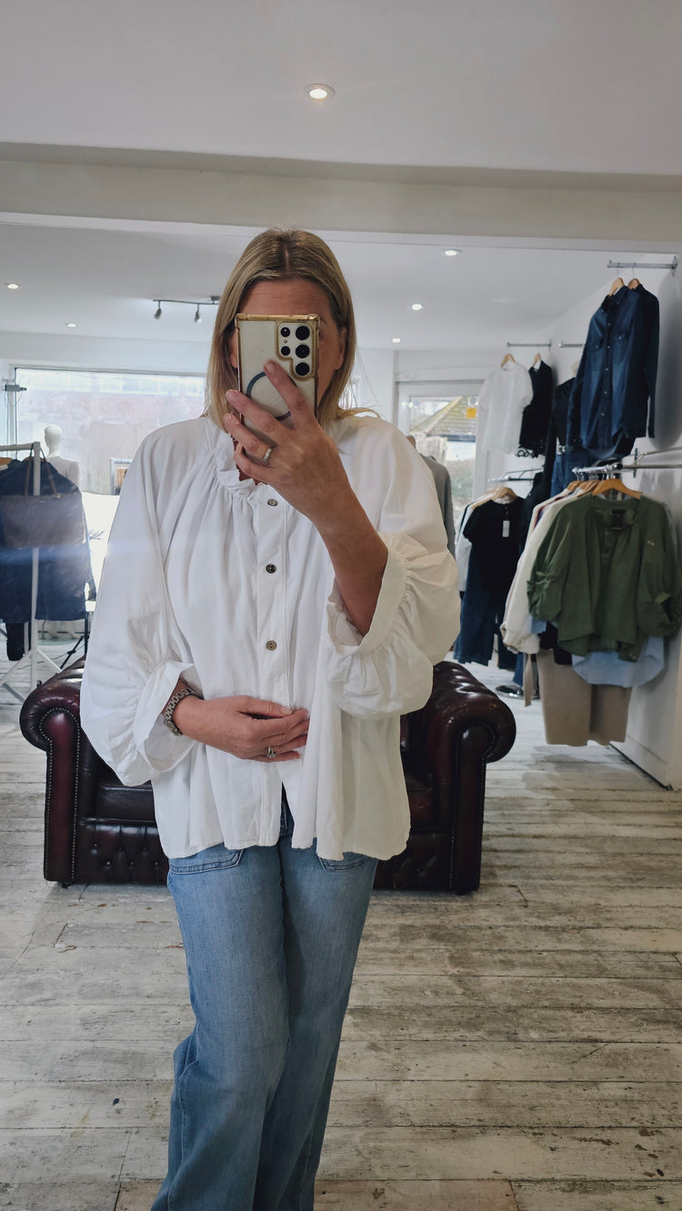 Cotton Ribbed Button Blouse in white