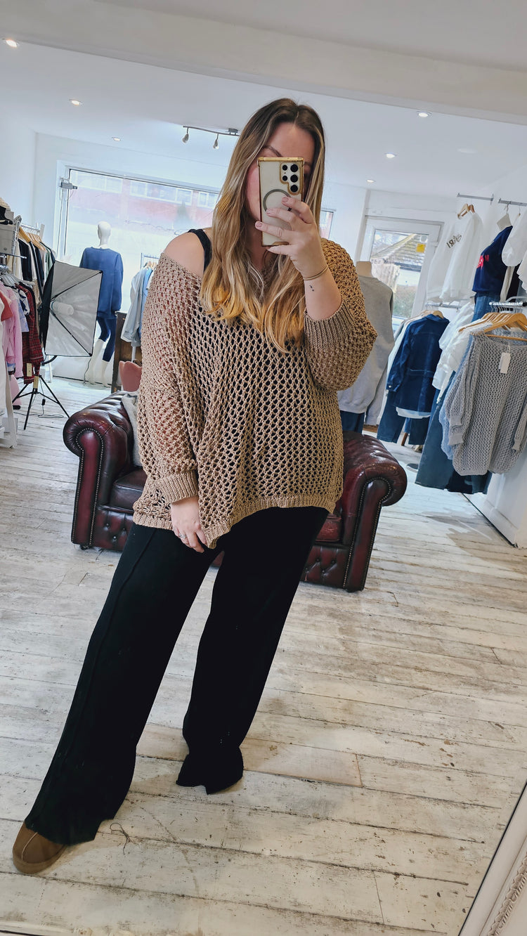 Cleo V Neck Crochet Knit Top in Camel