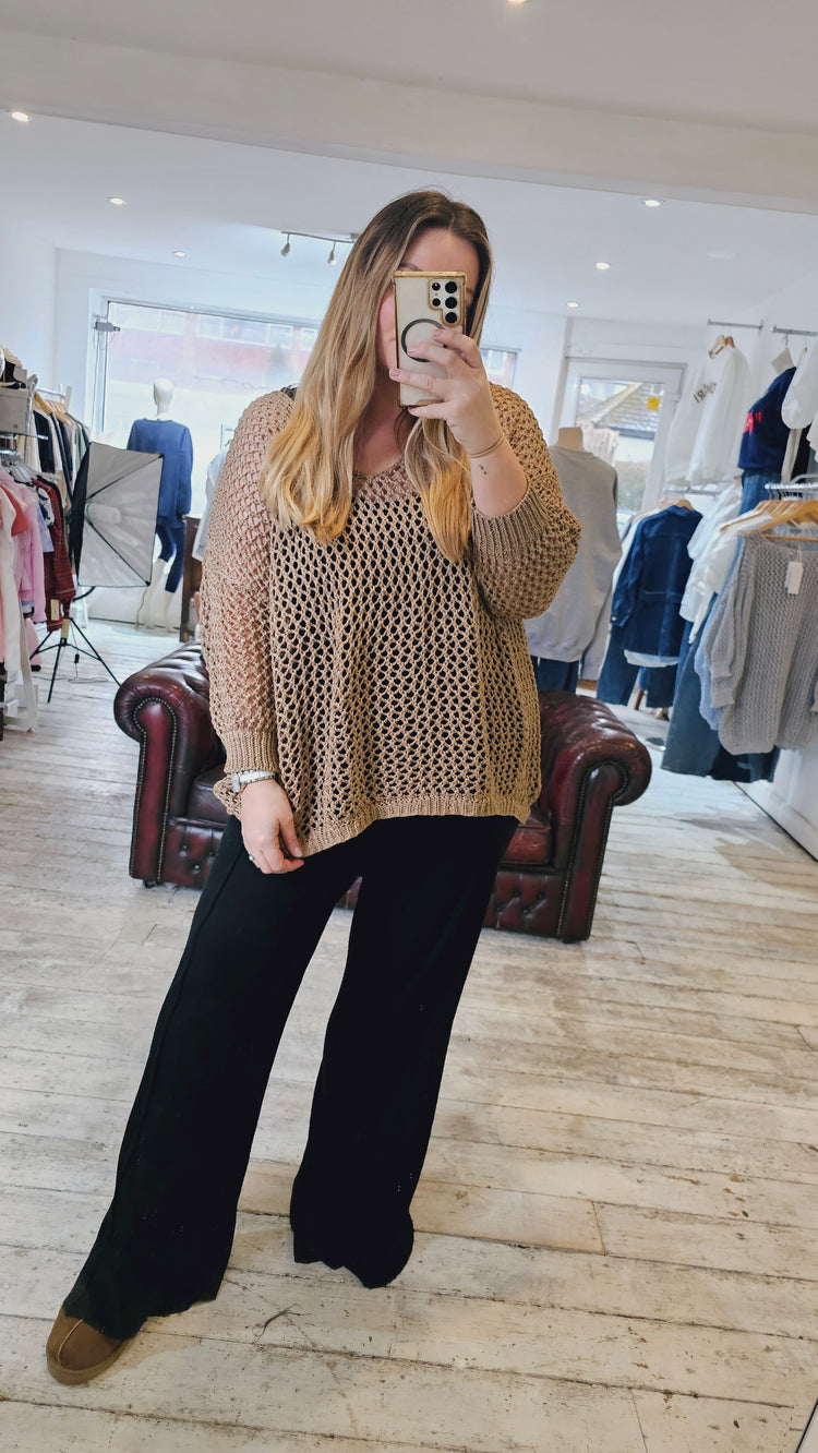 Cleo V Neck Crochet Knit Top in Camel