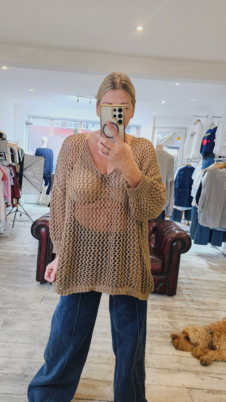 Cleo V Neck Crochet Knit Top in Camel