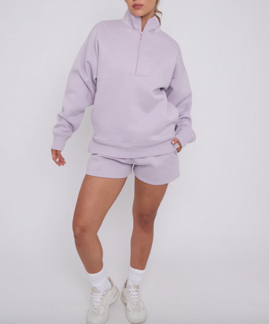 Half zip short set in light lilac