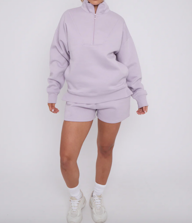 Half zip short set in light lilac