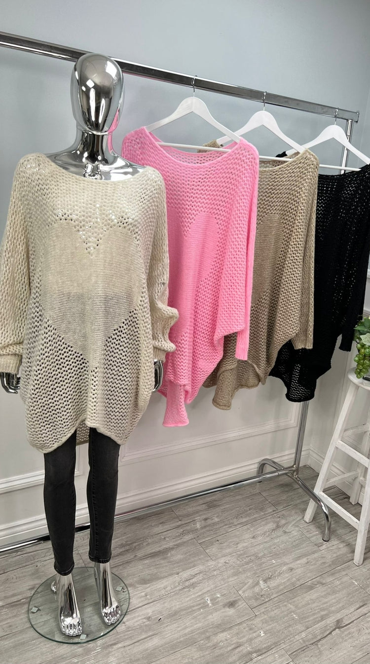 Oversized heart batwing knit jumper in Beige