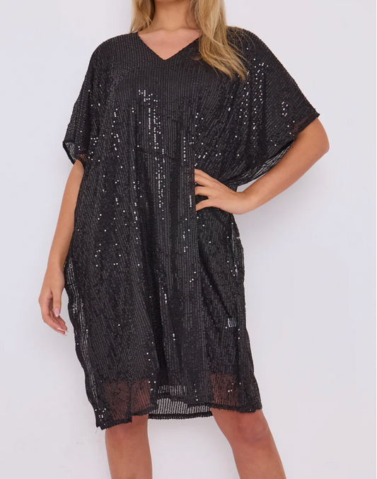 Sequin V-neck dress in black