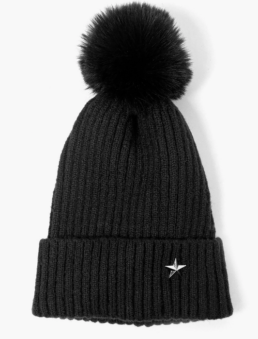 Bonnie Pom Pom Hat - Black, Silver Star