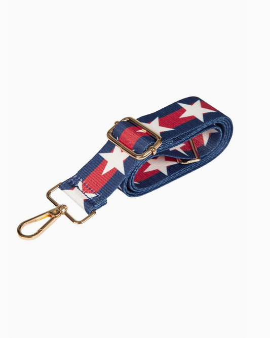 Navy Blue Red Double Stripe and Large Star Print Bag Strap