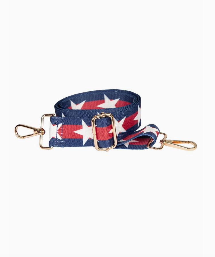 Navy Blue Red Double Stripe and Large Star Print Bag Strap