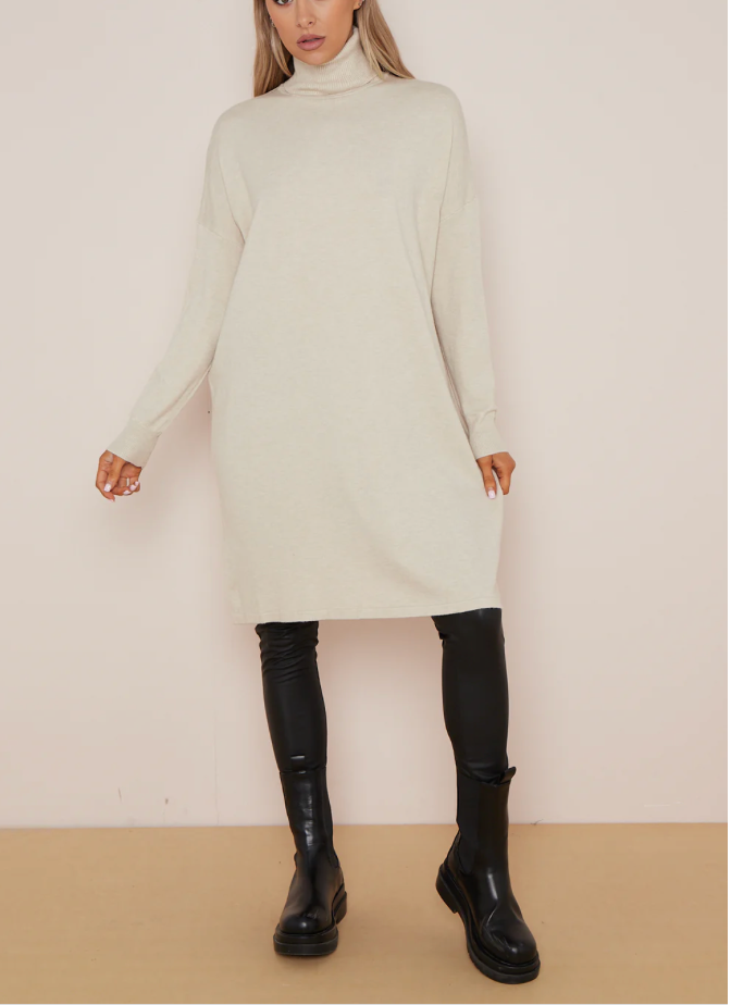 BASIC PLAIN POLO NECK JUMPER DRESS BEIGE