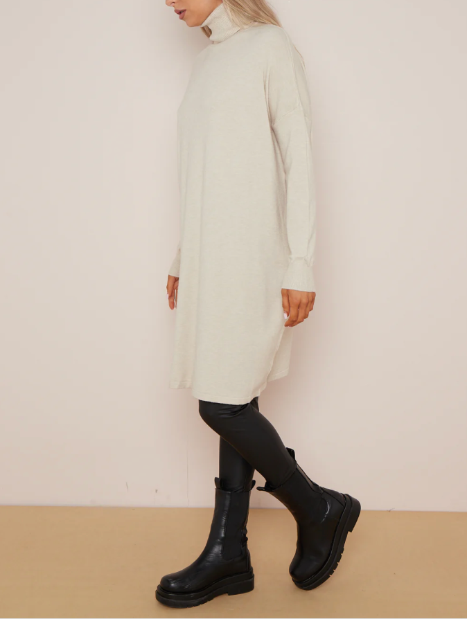 BASIC PLAIN POLO NECK JUMPER DRESS BEIGE