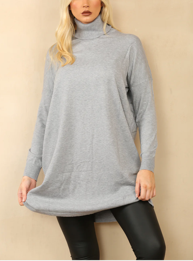 BASIC PLAIN POLO NECK JUMPER DRESS GREY