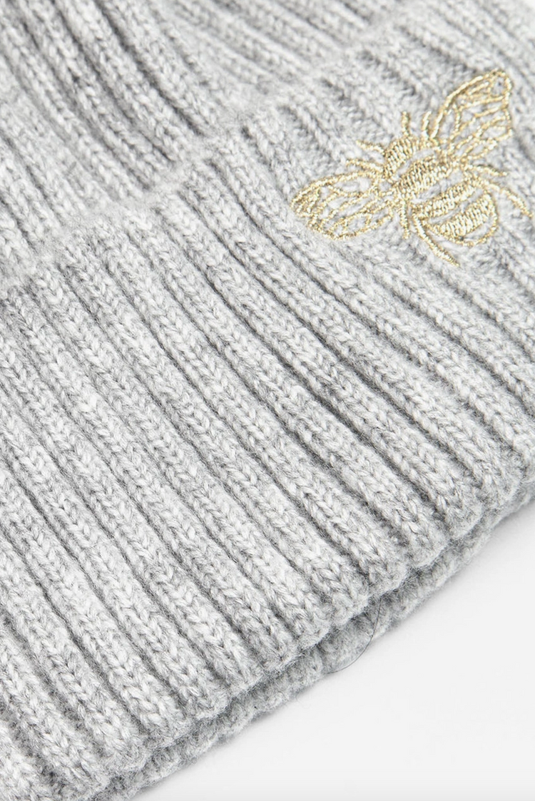 Light Grey Bee Detail Pom Pom Hat