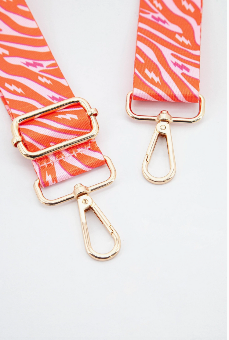 Two Tone Zebra and Lightning Bolt Bag Strap in Pink & Orange